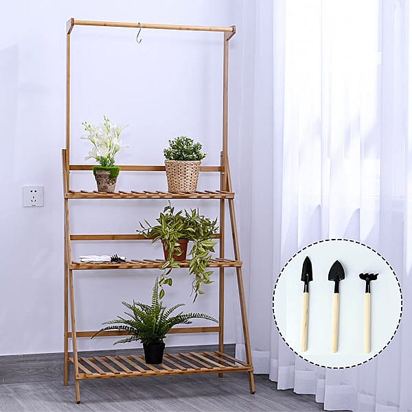 Stylish 3 Tier Crossbar Pattern Bamboo Plant Rack with Hanging Rod (Size-70x146Cm) PLUS Garden Tools