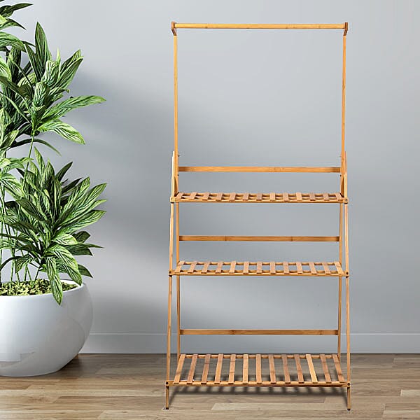 Stylish 3 Tier Crossbar Pattern Bamboo Plant Rack with Hanging Rod (Size-70x146Cm) PLUS Garden Tools