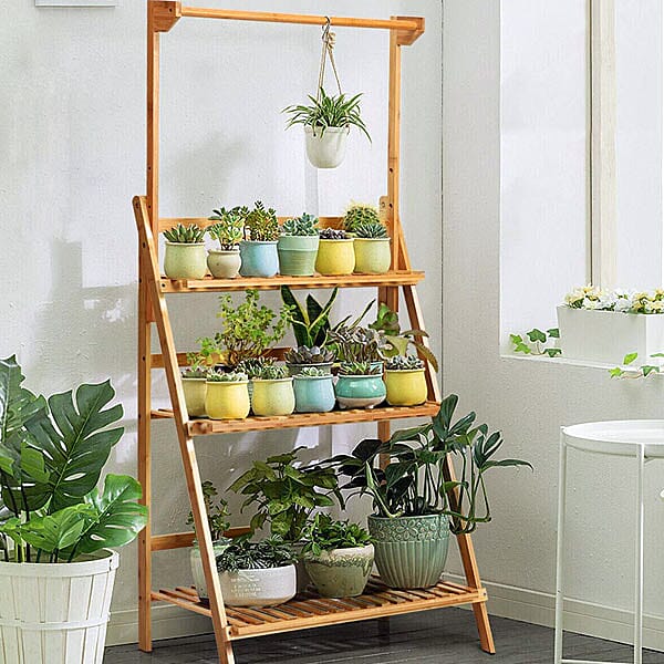 Stylish 3 Tier Crossbar Pattern Bamboo Plant Rack with Hanging Rod (Size-70x146Cm) PLUS Garden Tools