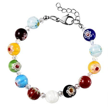 Multi Colour Murano Glass Inspired Bracelet with Simulated Diamond Beads Size 7.5 Inch 1.5 Extender in Silver Tone