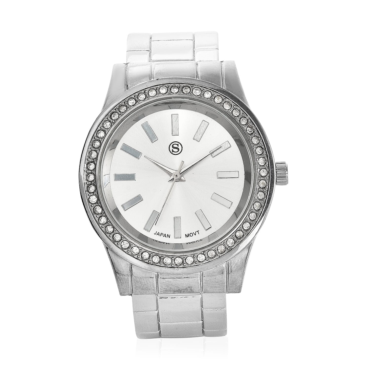 STRADA Japanese Movement White Austrian Crystal Water Resistant Cuff Bangle Watch (Size 6.5) in Silver Tone