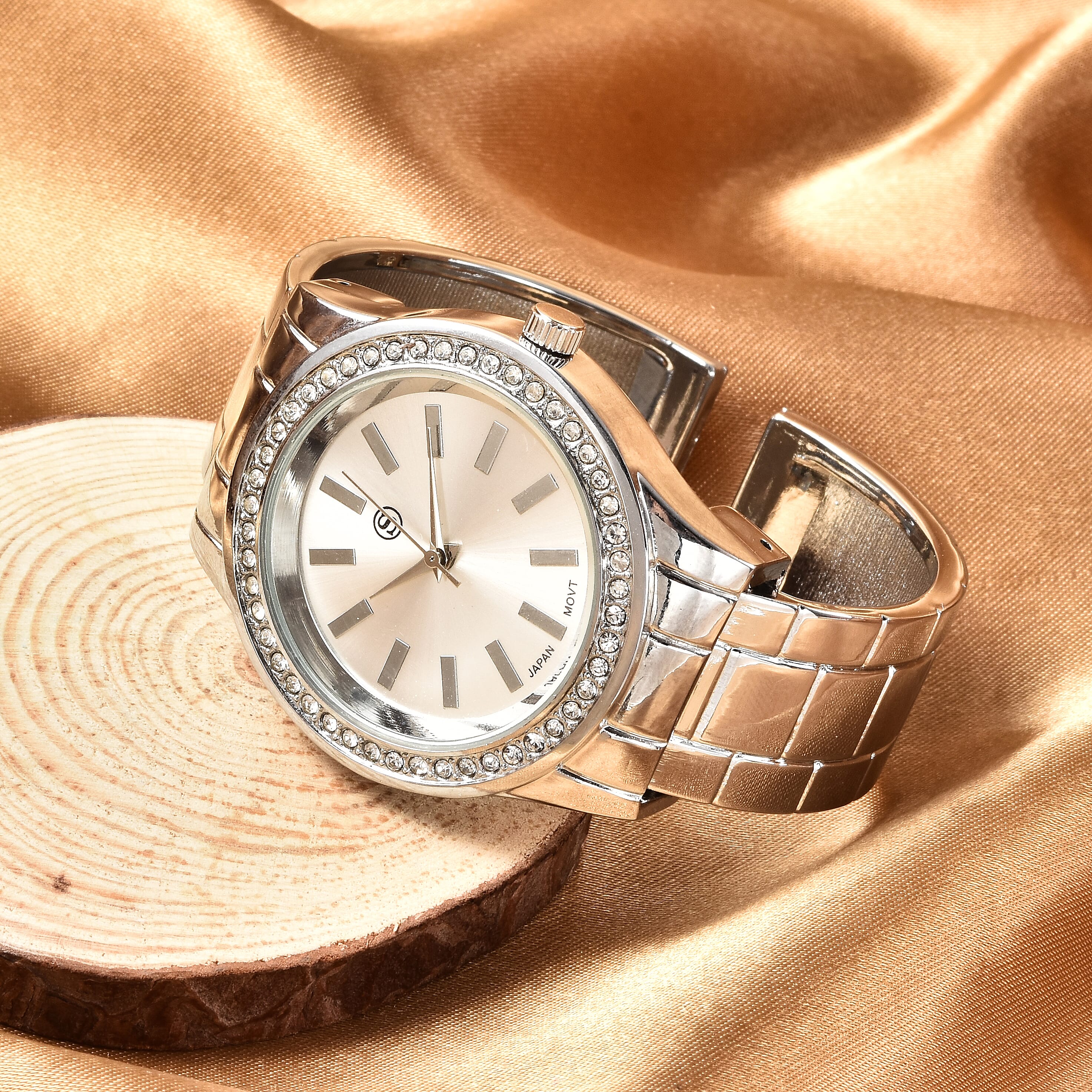 STRADA Japanese Movement White Austrian Crystal Water Resistant Cuff Bangle Watch (Size 6.5) in Silver Tone