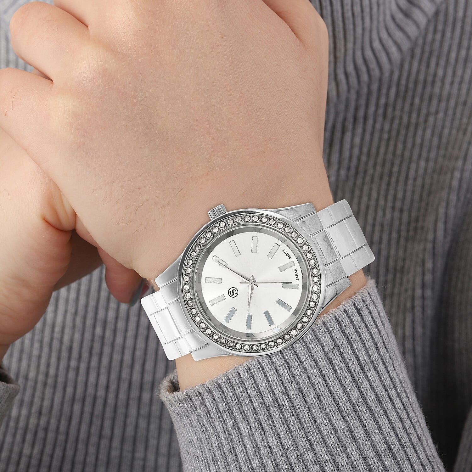 STRADA Japanese Movement White Austrian Crystal Water Resistant Cuff Bangle Watch (Size 6.5) in Silver Tone