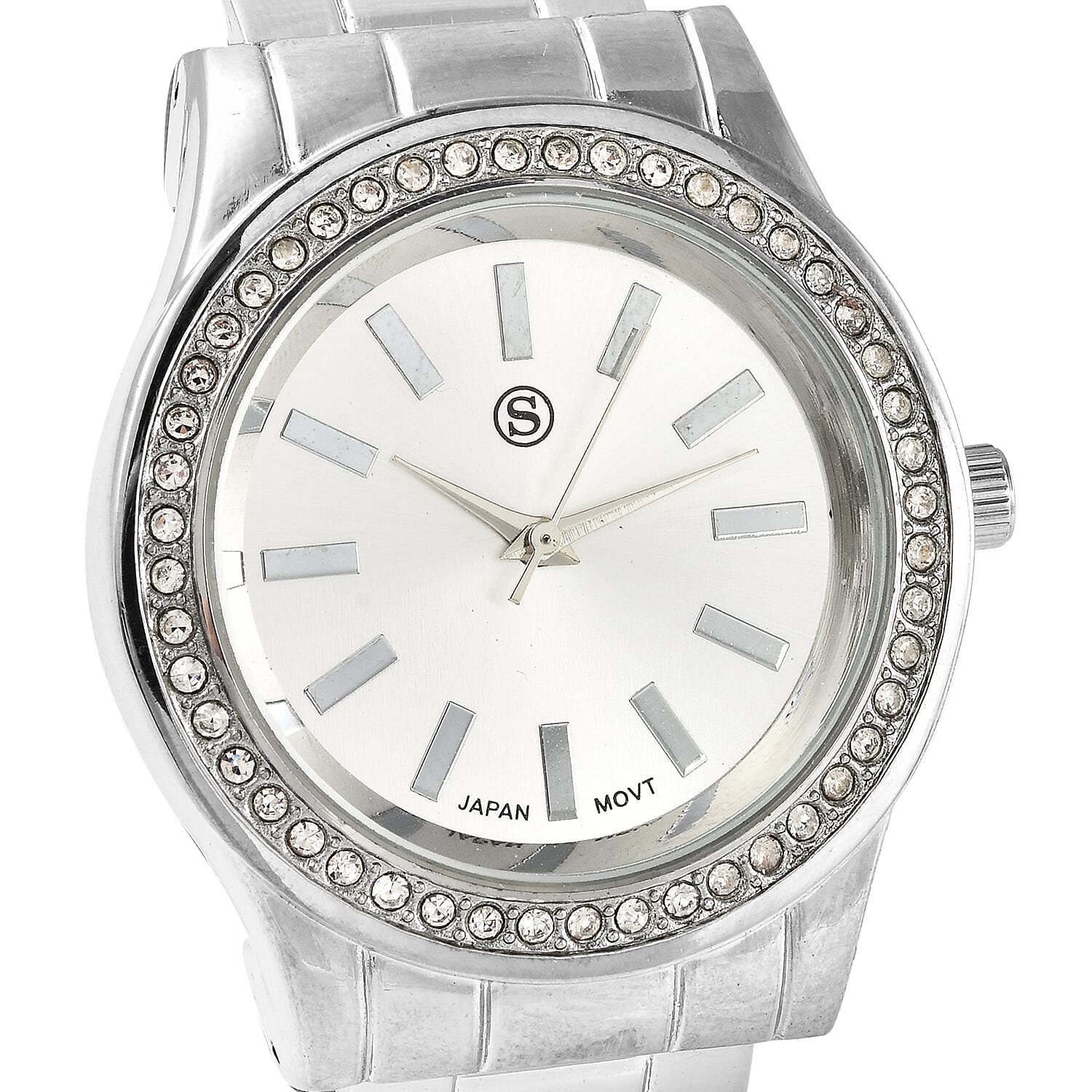 STRADA Japanese Movement White Austrian Crystal Water Resistant Cuff Bangle Watch (Size 6.5) in Silver Tone