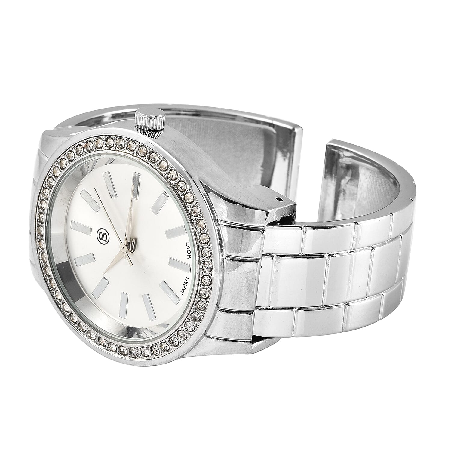 STRADA Japanese Movement White Austrian Crystal Water Resistant Cuff Bangle Watch (Size 6.5) in Silver Tone