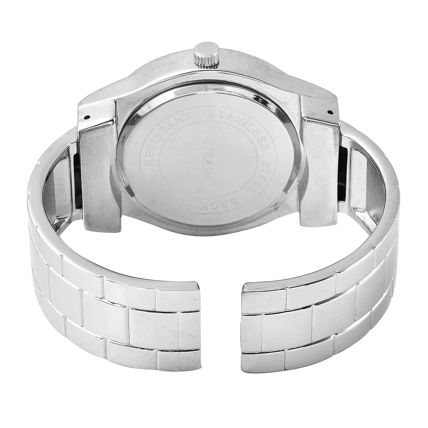 STRADA Japanese Movement White Austrian Crystal Water Resistant Cuff Bangle Watch (Size 6.5) in Silver Tone