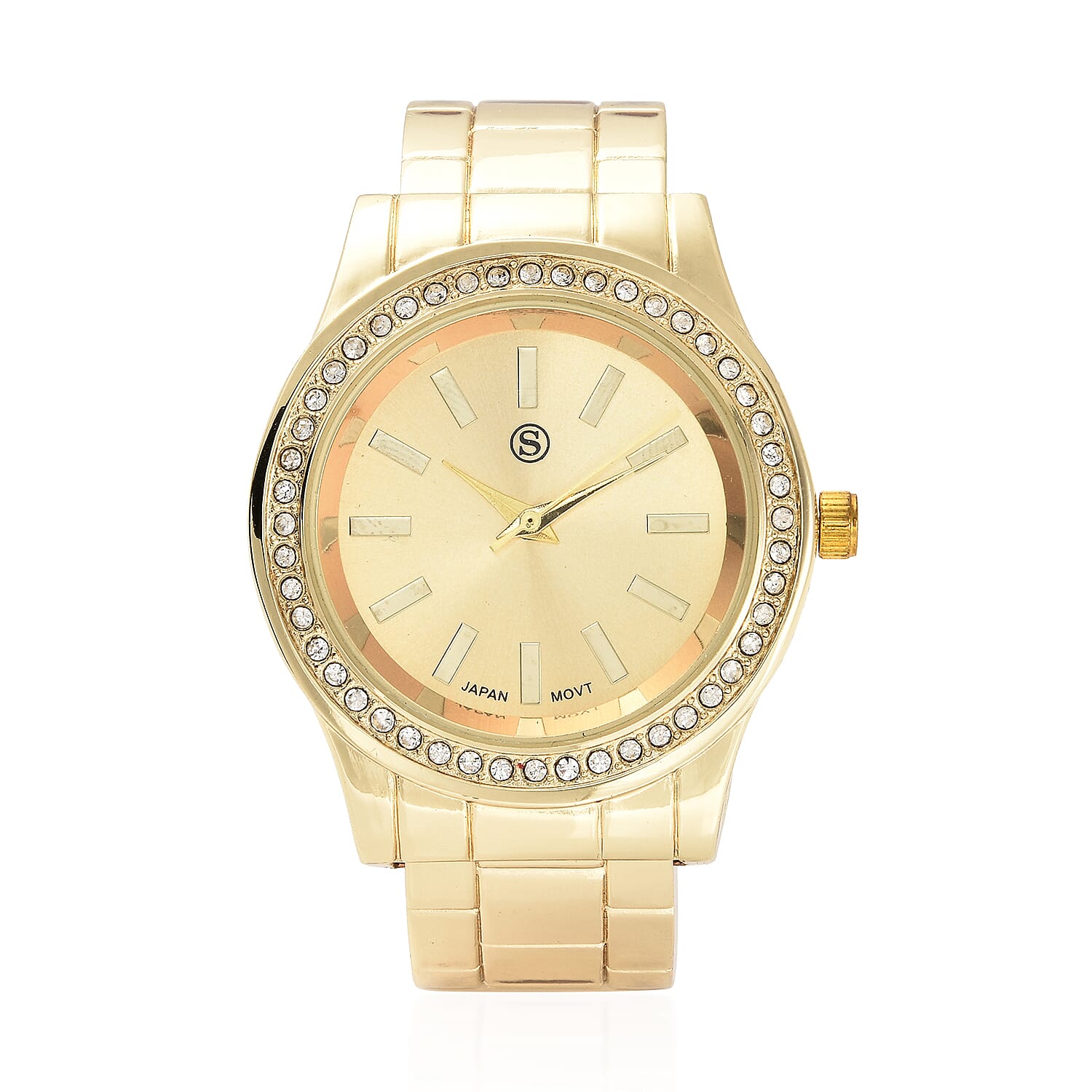 STRADA Japanese Movement White Austrian Crystal Water Resistant Cuff Bangle Watch (Size 6.5) in Yellow Gold Tone