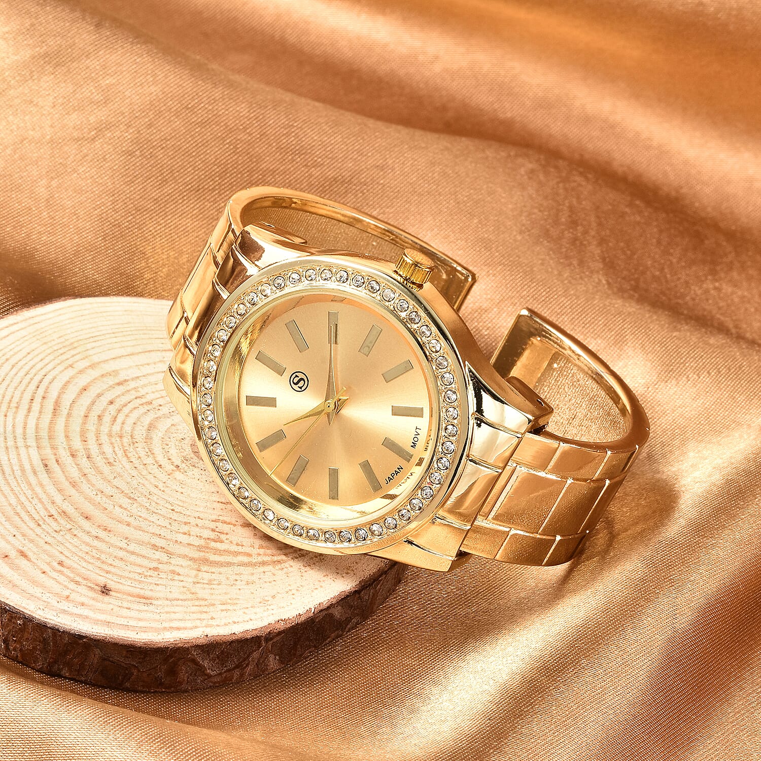 STRADA Japanese Movement White Austrian Crystal Water Resistant Cuff Bangle Watch (Size 6.5) in Yellow Gold Tone