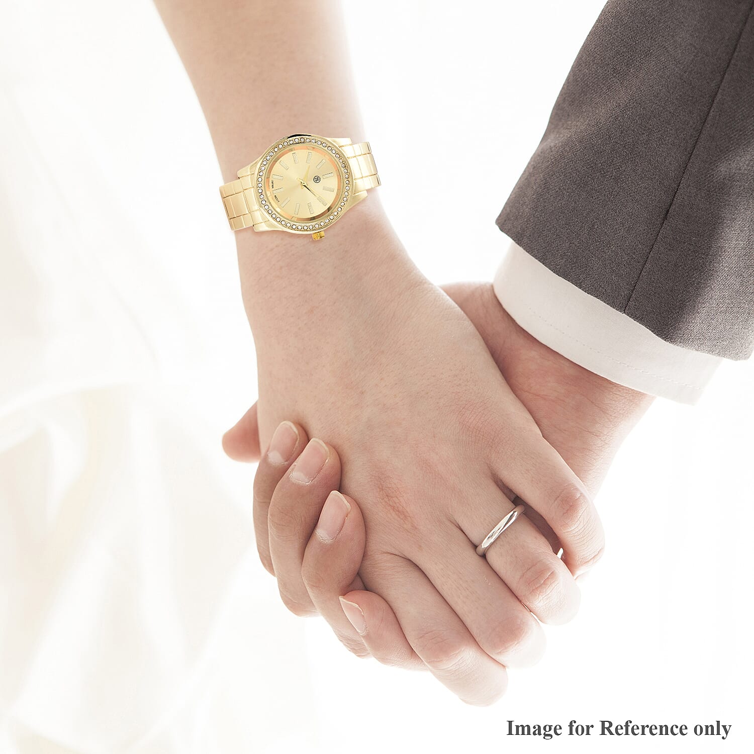 STRADA Japanese Movement White Austrian Crystal Water Resistant Cuff Bangle Watch (Size 6.5) in Yellow Gold Tone