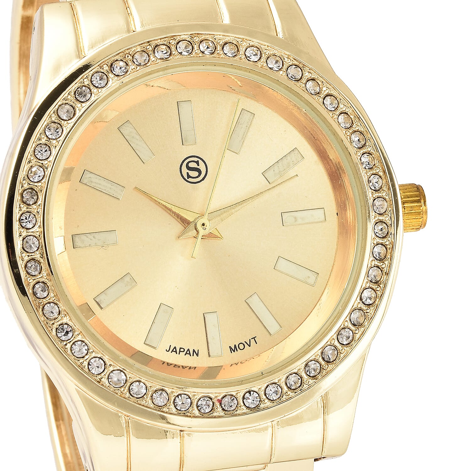 STRADA Japanese Movement White Austrian Crystal Water Resistant Cuff Bangle Watch (Size 6.5) in Yellow Gold Tone