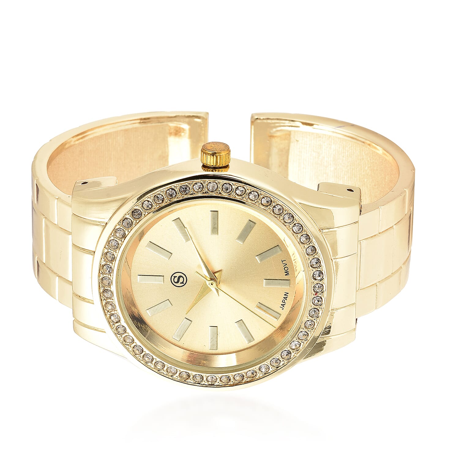 STRADA Japanese Movement White Austrian Crystal Water Resistant Cuff Bangle Watch (Size 6.5) in Yellow Gold Tone