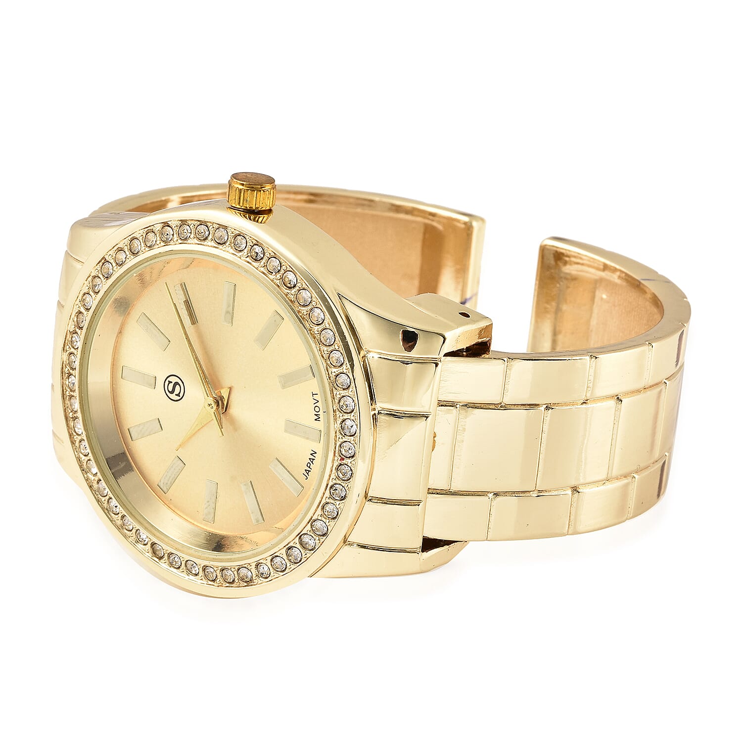 STRADA Japanese Movement White Austrian Crystal Water Resistant Cuff Bangle Watch (Size 6.5) in Yellow Gold Tone