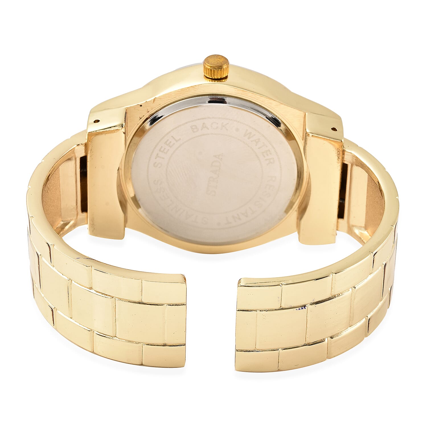STRADA Japanese Movement White Austrian Crystal Water Resistant Cuff Bangle Watch (Size 6.5) in Yellow Gold Tone