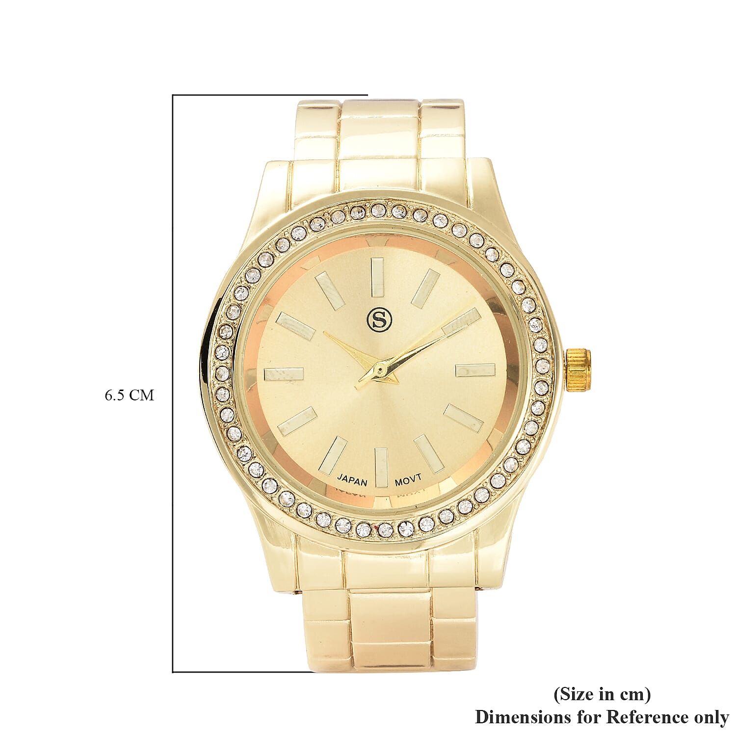 STRADA Japanese Movement White Austrian Crystal Water Resistant Cuff Bangle Watch (Size 6.5) in Yellow Gold Tone