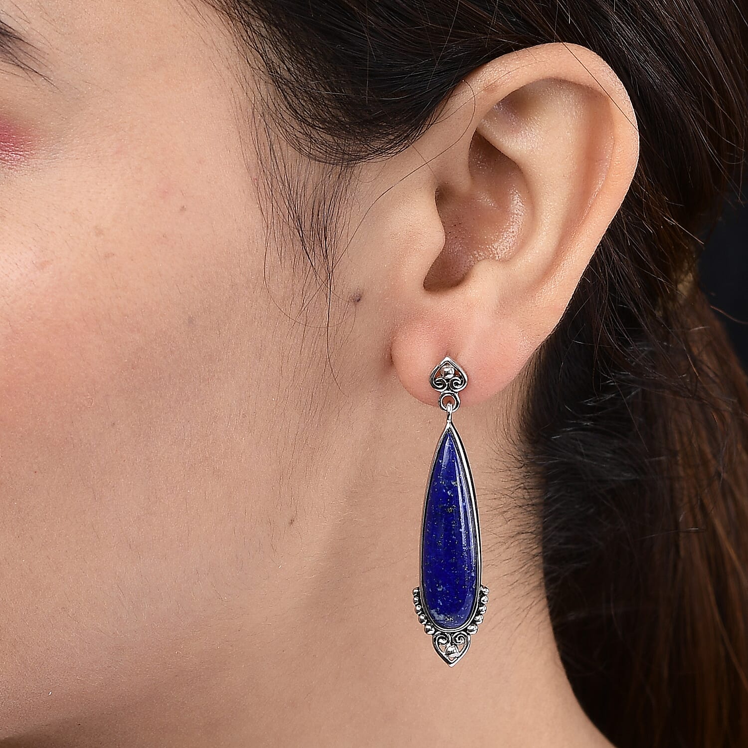Sajen Silver Cultural Flair Collection - Lapis Lazuli Enamelled Earrings (with Push Back) in Platinum Overlay Sterling Silver 18.00 Ct.