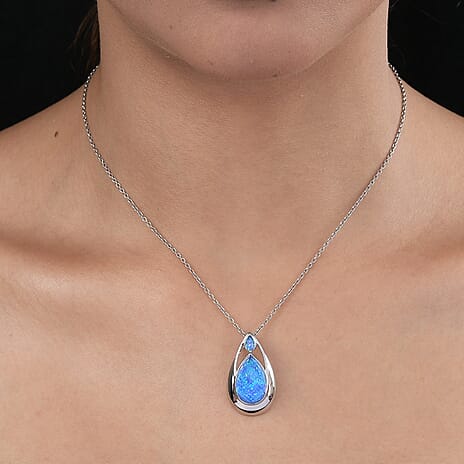 Sajen Silver ILLUMINATION Collection - Opal Quartz and Rainbow Paraiba Pendant in Platinum Overlay Sterling Silver 5.760 Ct.