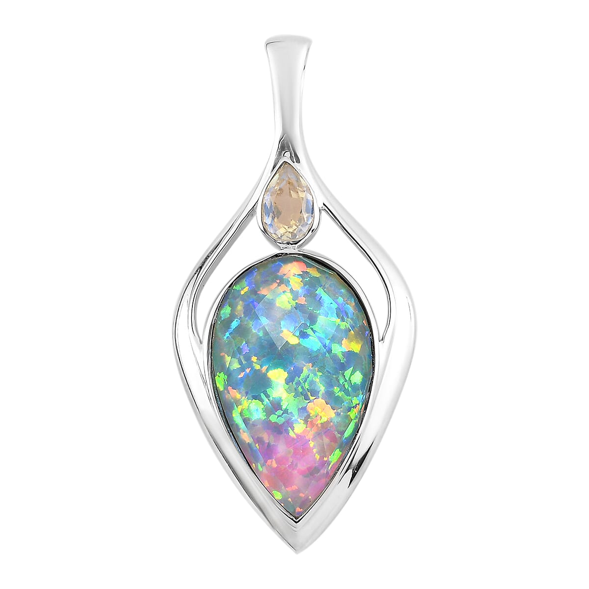 Sajen Silver ILLUMINATION Collection - Rainbow Snow Doublet Quartz and White Opal Doublet Quartz Pendant in Platinum Overlay Sterling Silver 12.26 Ct.