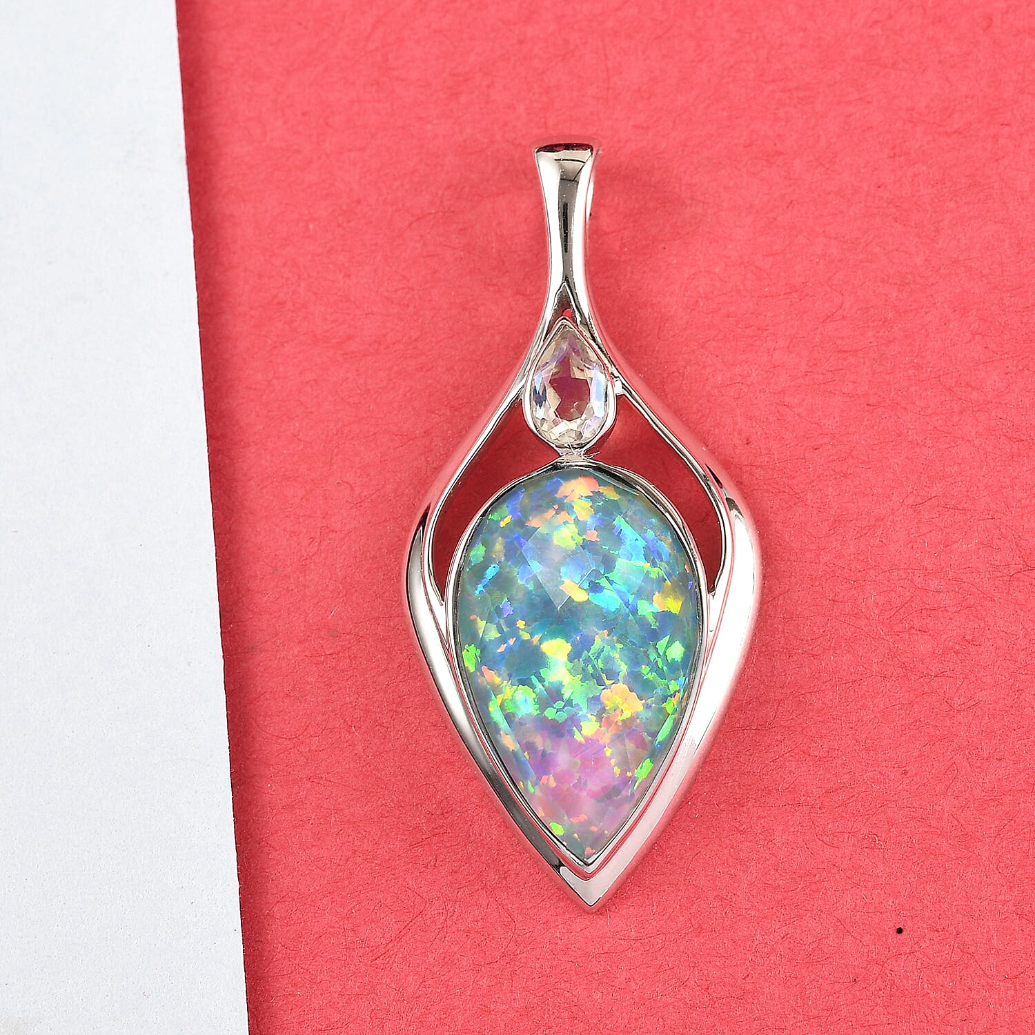 Sajen Silver ILLUMINATION Collection - Rainbow Snow Doublet Quartz and White Opal Doublet Quartz Pendant in Platinum Overlay Sterling Silver 12.26 Ct.