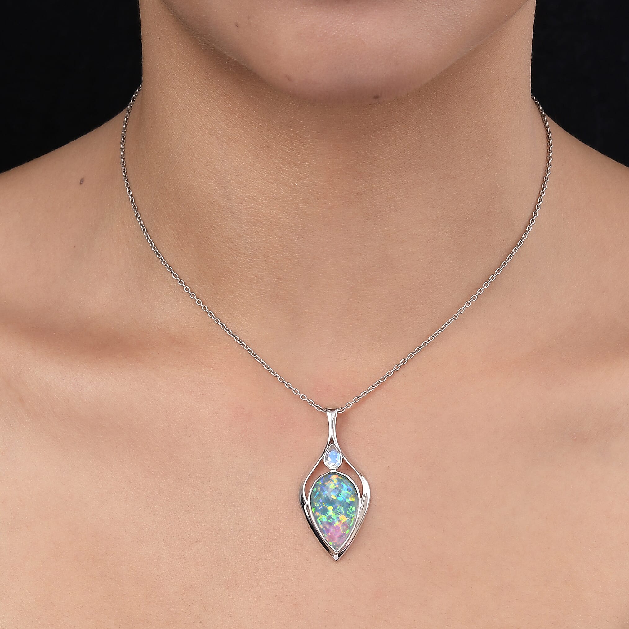 Sajen Silver ILLUMINATION Collection - Rainbow Snow Doublet Quartz and White Opal Doublet Quartz Pendant in Platinum Overlay Sterling Silver 12.26 Ct.