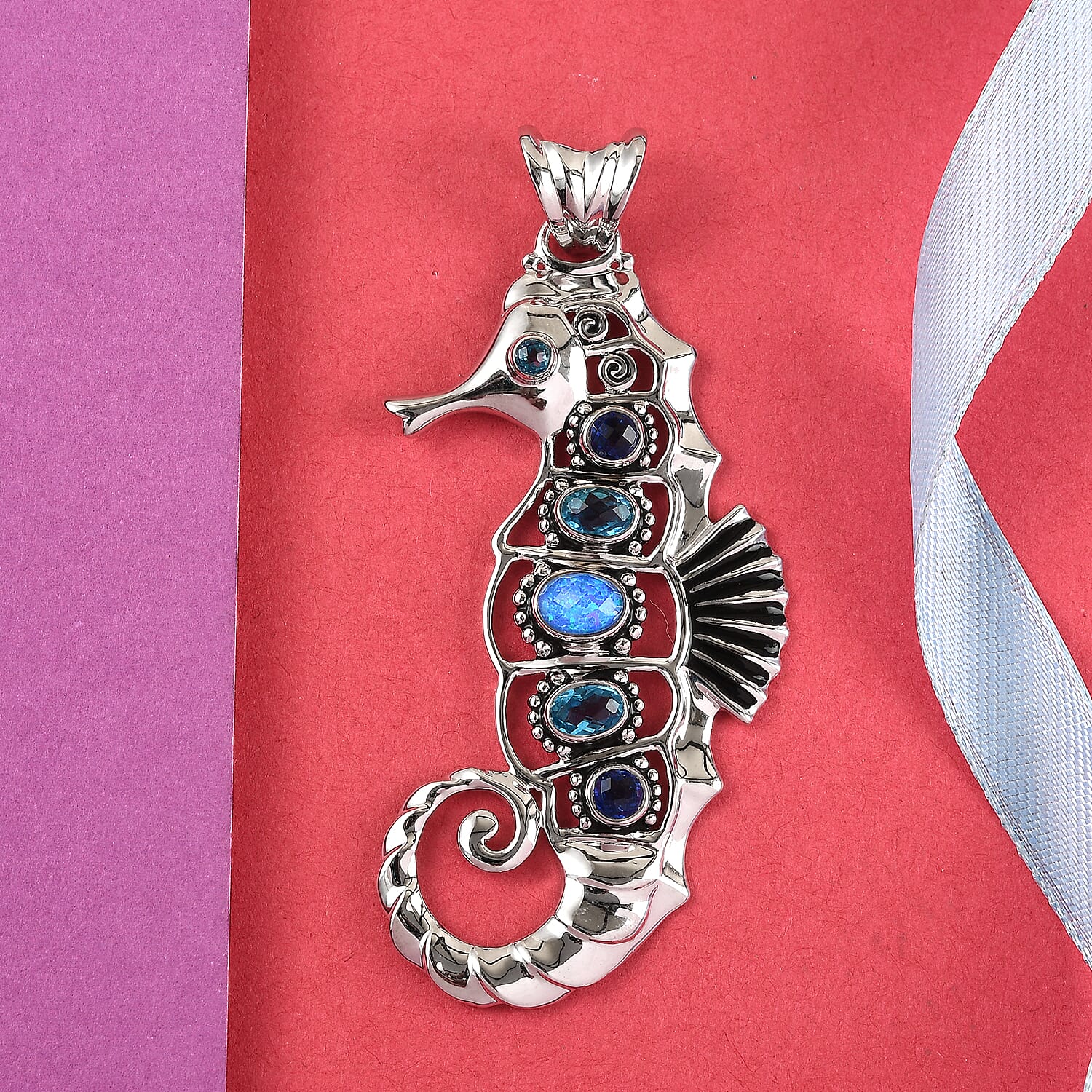 Sajen Silver Natures Joy Collection - Opal Blue Doublet Quartz, Celestial Pariba Doublet Quartz & Celestial Sapphire Doublet Quartz Enamelled Pendant in Platinum Overlay Sterling Silver 2.35 Ct.