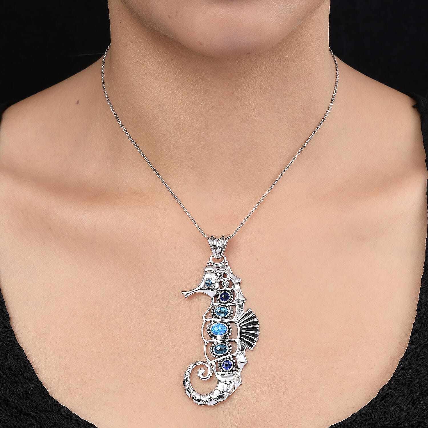 Sajen Silver Natures Joy Collection - Opal Blue Doublet Quartz, Celestial Pariba Doublet Quartz & Celestial Sapphire Doublet Quartz Enamelled Pendant in Platinum Overlay Sterling Silver 2.35 Ct.