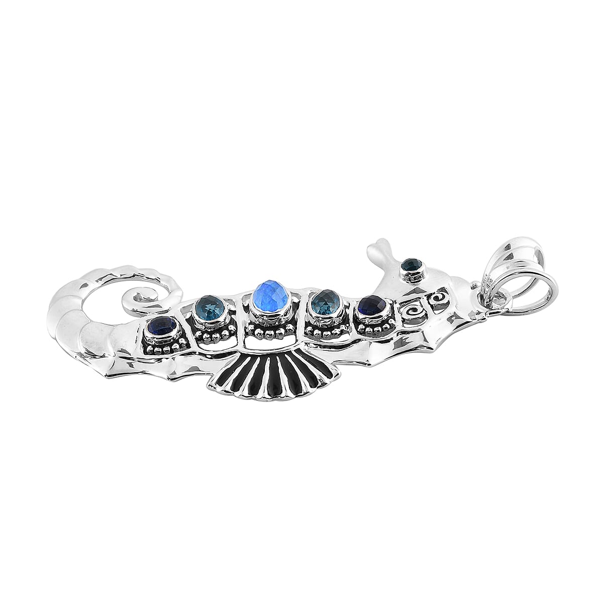 Sajen Silver Natures Joy Collection - Opal Blue Doublet Quartz, Celestial Pariba Doublet Quartz & Celestial Sapphire Doublet Quartz Enamelled Pendant in Platinum Overlay Sterling Silver 2.35 Ct.