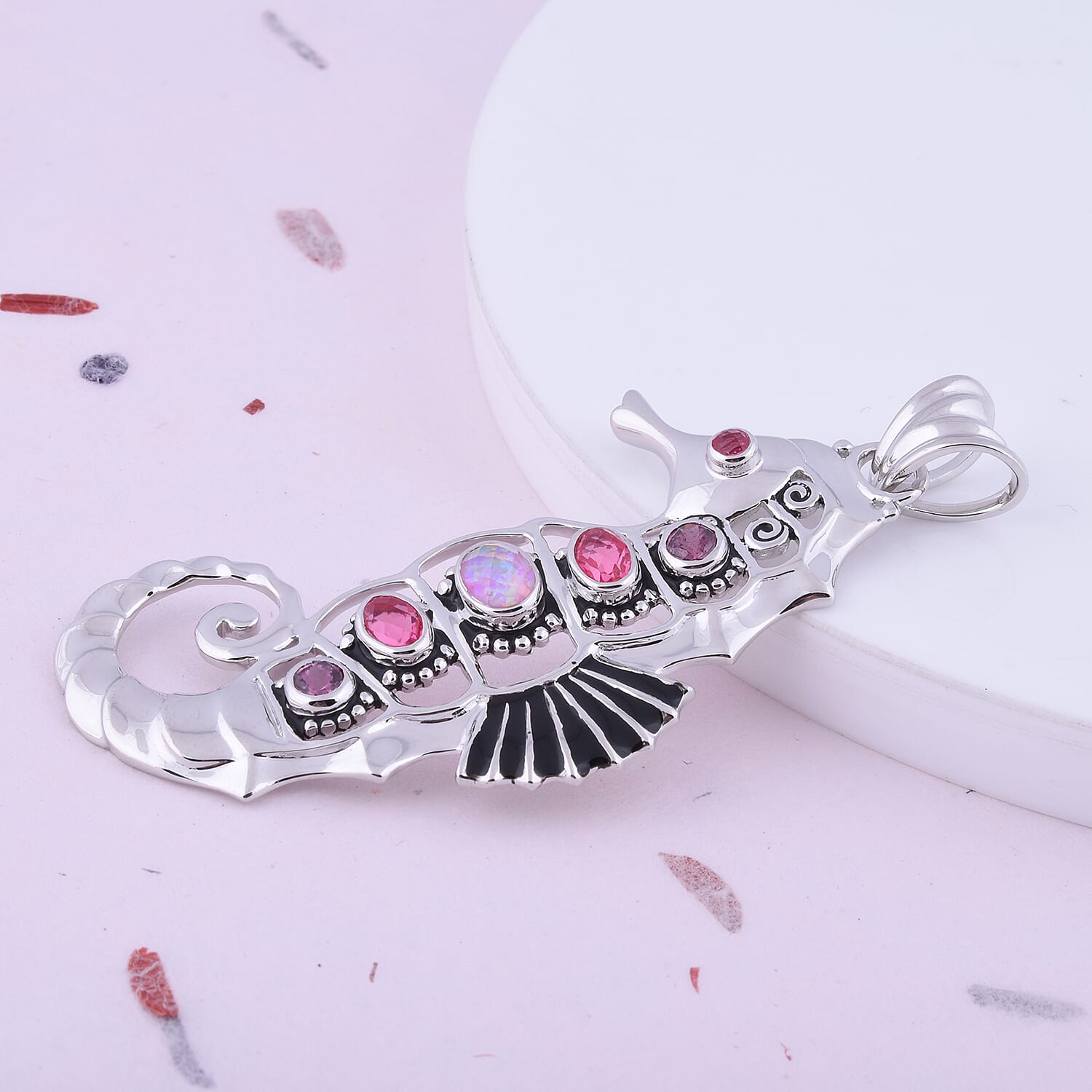 Sajen Silver Natures Joy Collection - Garnet, Opal Pink Doublet Quartz & Celestial Pink Doublet Quartz Enamelled Seahorse Pendant in Platinum Overlay Sterling Silver 2.35 Ct.