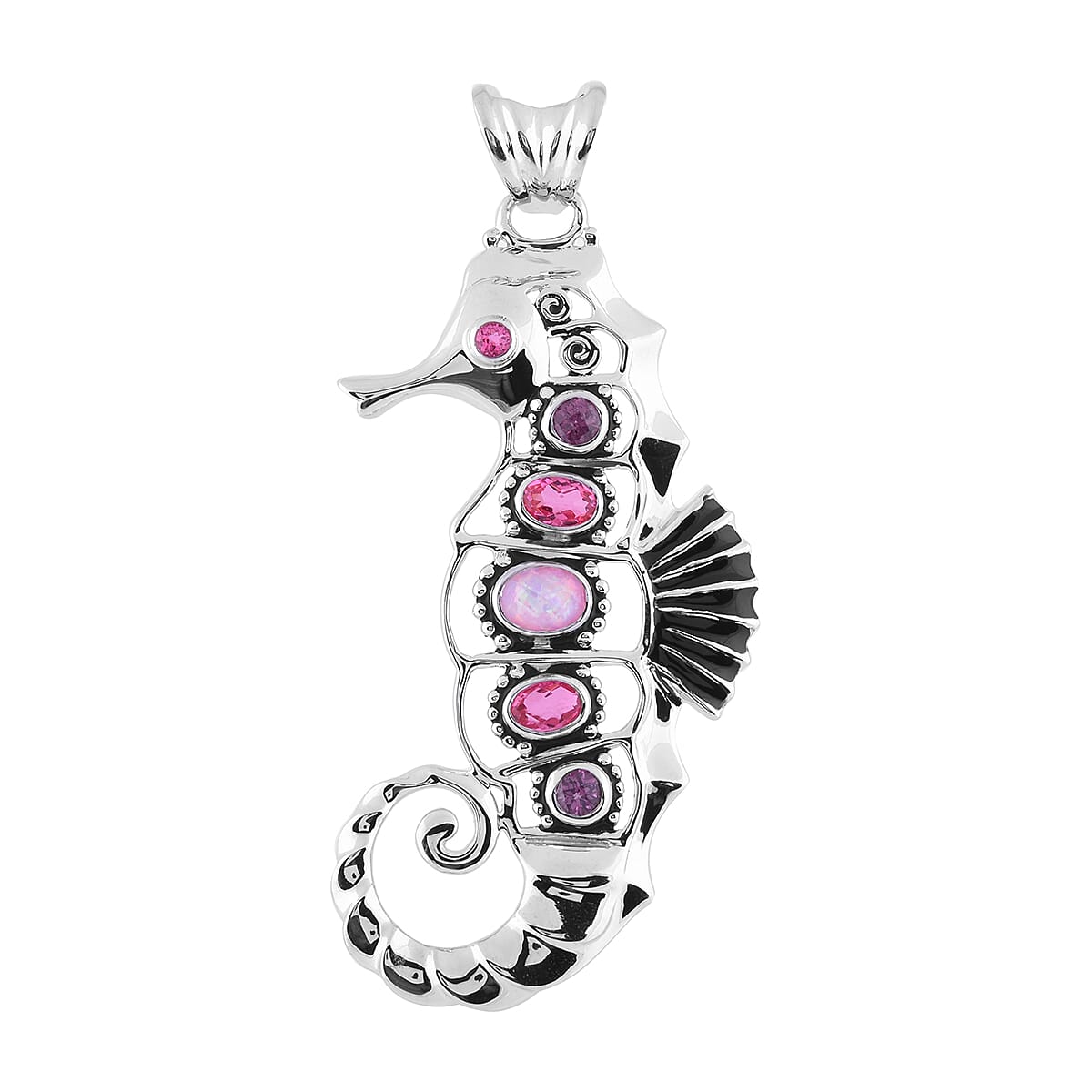 Sajen Silver Natures Joy Collection - Garnet, Opal Pink Doublet Quartz & Celestial Pink Doublet Quartz Enamelled Seahorse Pendant in Platinum Overlay Sterling Silver 2.35 Ct.