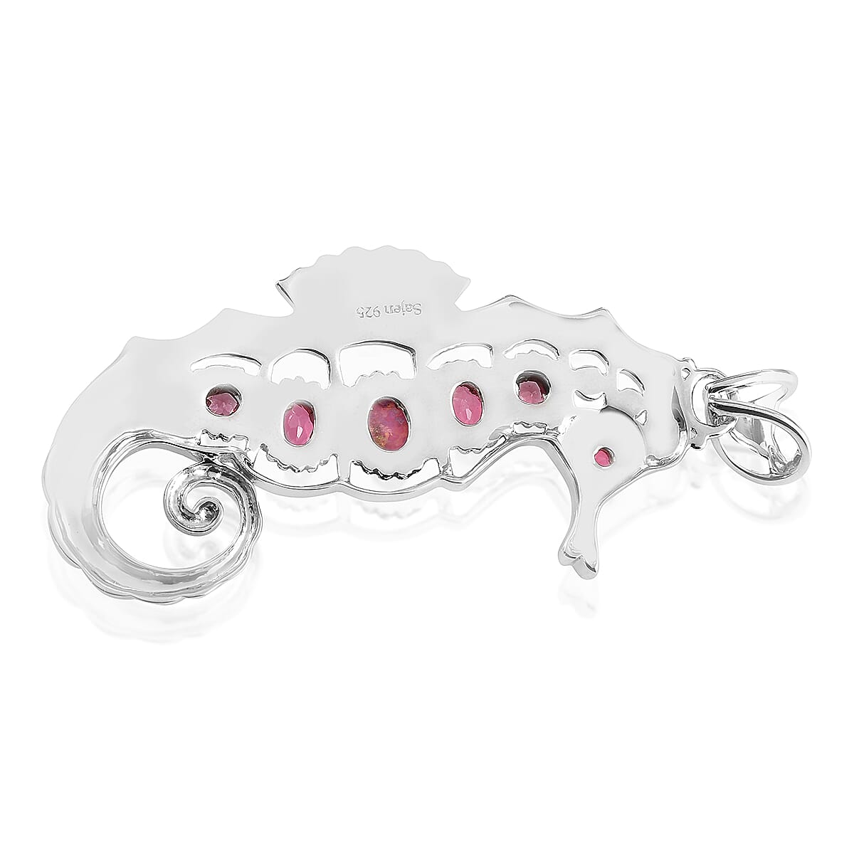 Sajen Silver Natures Joy Collection - Garnet, Opal Pink Doublet Quartz & Celestial Pink Doublet Quartz Enamelled Seahorse Pendant in Platinum Overlay Sterling Silver 2.35 Ct.
