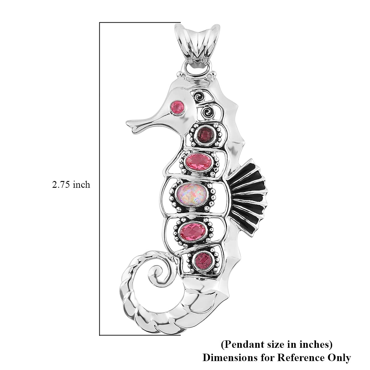 Sajen Silver Natures Joy Collection - Garnet, Opal Pink Doublet Quartz & Celestial Pink Doublet Quartz Enamelled Seahorse Pendant in Platinum Overlay Sterling Silver 2.35 Ct.