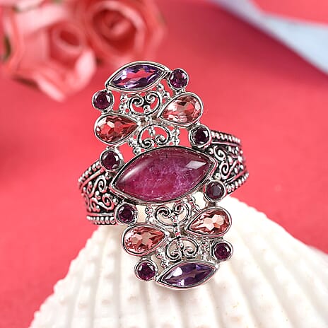 Sajen Silver Cultural Flair Collection - Rhodolite Garnet, Ruby Zoisite, Amethyst & Doublet Quartz Enamelled Ring in Platinum Overlay Sterling Silver 4.70 Ct.