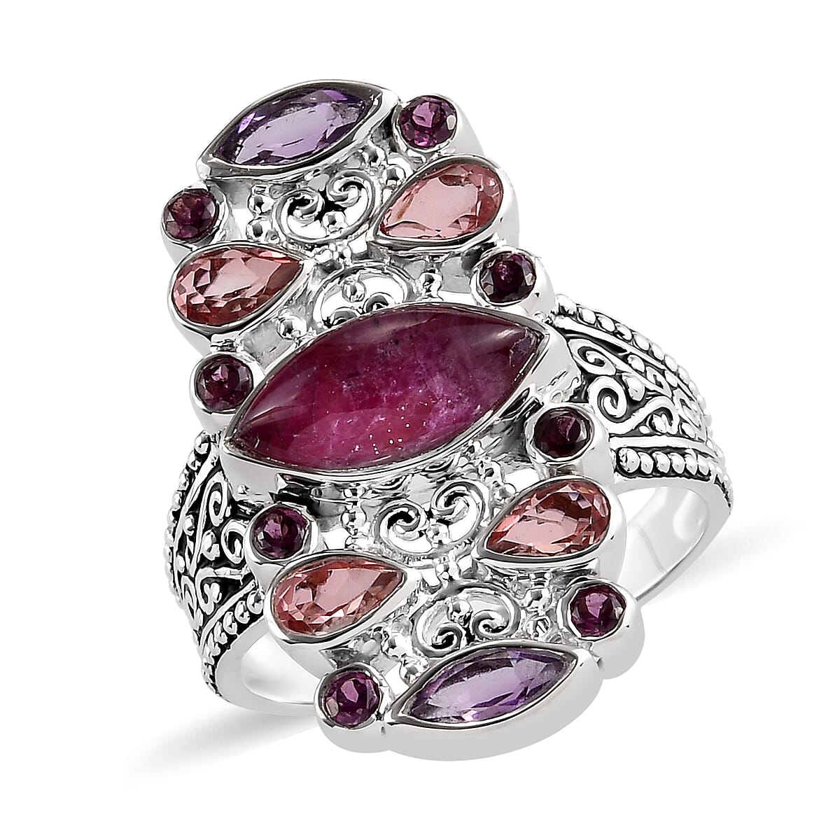 Sajen Silver Cultural Flair Collection - Rhodolite Garnet, Ruby Zoisite, Amethyst & Doublet Quartz Enamelled Ring in Platinum Overlay Sterling Silver 4.70 Ct.