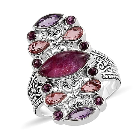 Sajen Silver Cultural Flair Collection - Rhodolite Garnet, Ruby Zoisite, Amethyst & Doublet Quartz Enamelled Ring in Platinum Overlay Sterling Silver 4.70 Ct.