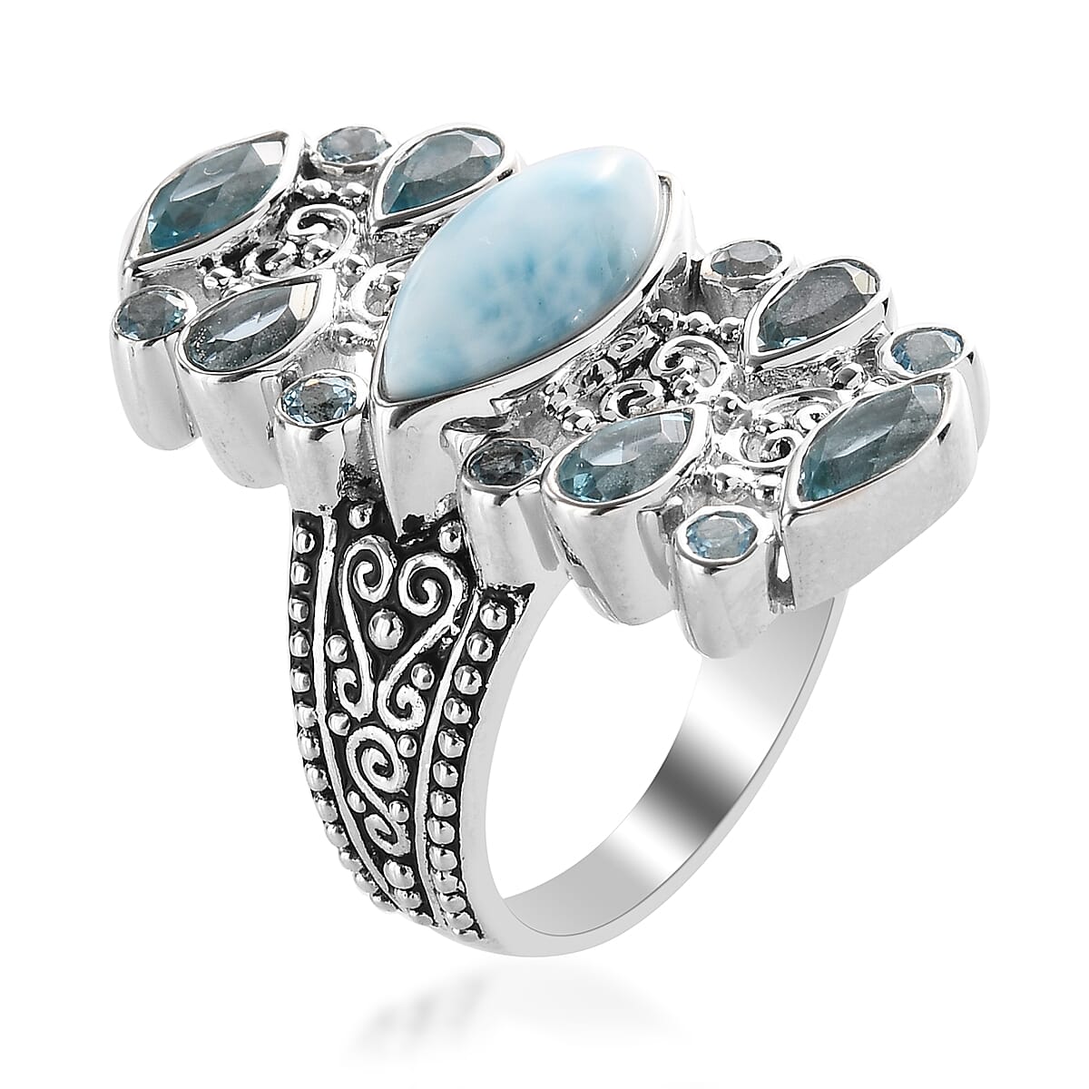 Sajen Silver Cultural Flair Collection - Larimar, Swiss Blue Topaz and Aquamarine Colour Doublet Quartz Enamelled Ring in Platinum Overlay Sterling Silver 3.35 Ct.
