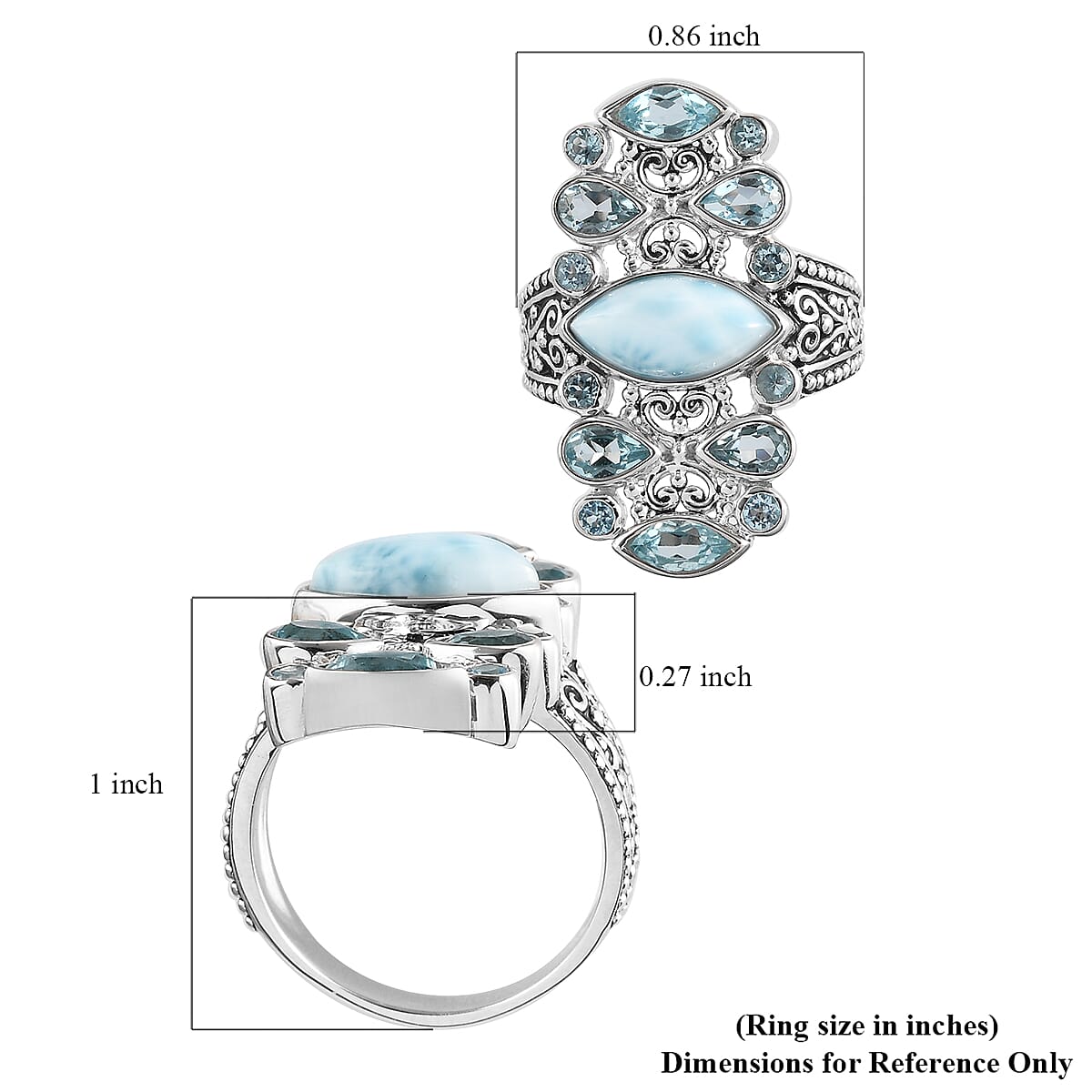 Sajen Silver Cultural Flair Collection - Larimar, Swiss Blue Topaz and Aquamarine Colour Doublet Quartz Enamelled Ring in Platinum Overlay Sterling Silver 3.35 Ct.