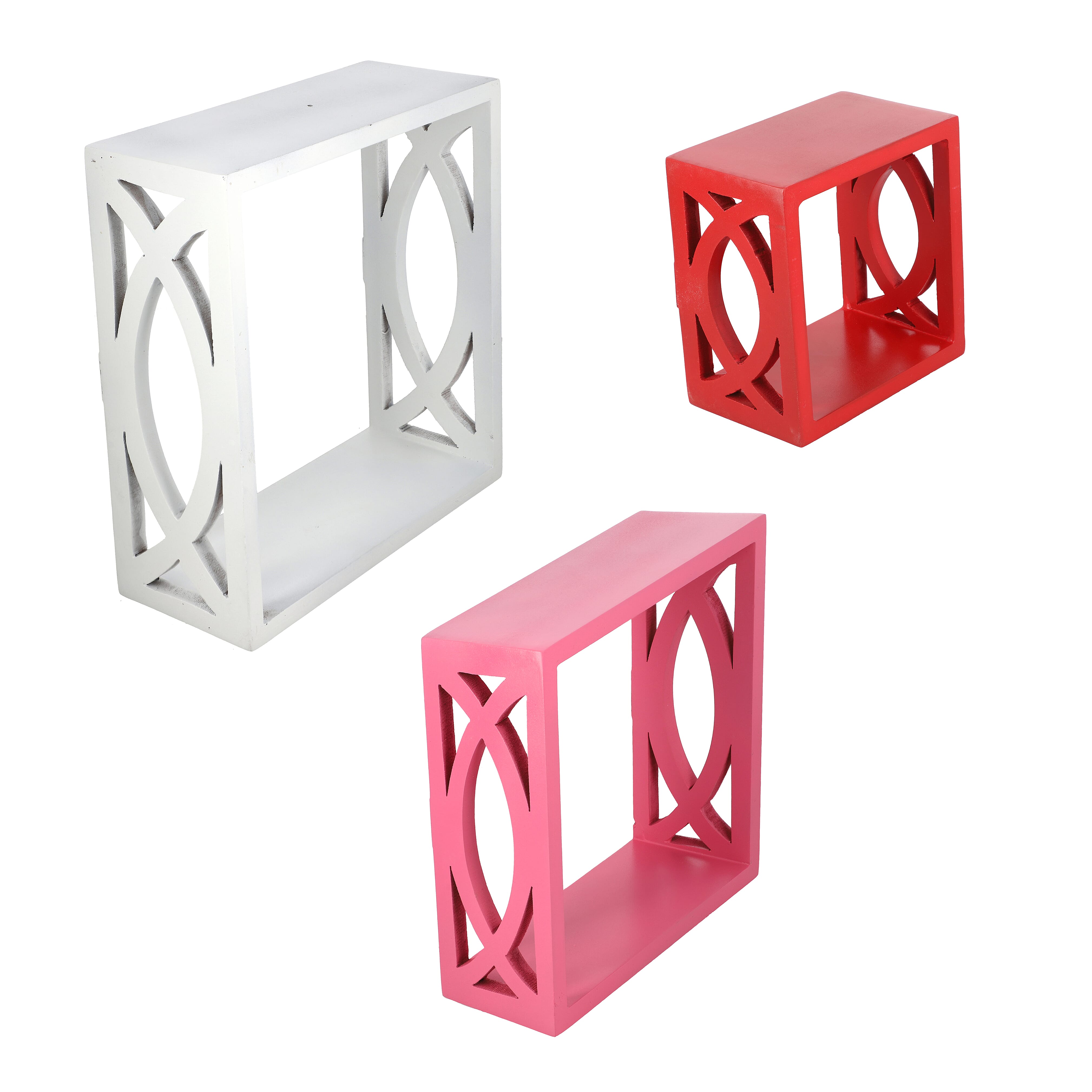 Decorative Set of 3 - Sequential Square Shelves (Size 26x26x10Cm, 21x21x10Cm & 16x16x10Cm) - White, Red & Pink