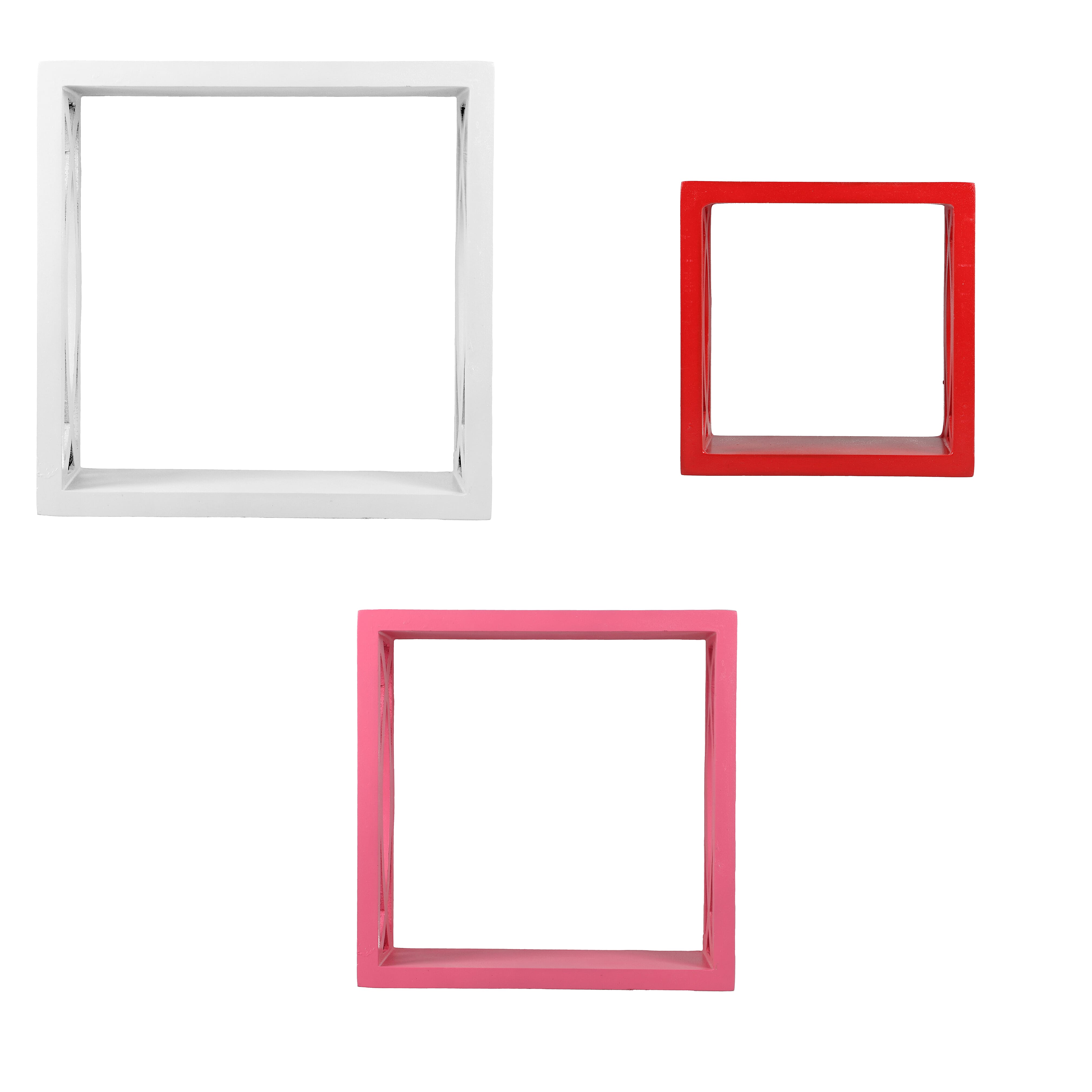 Decorative Set of 3 - Sequential Square Shelves (Size 26x26x10Cm, 21x21x10Cm & 16x16x10Cm) - White, Red & Pink