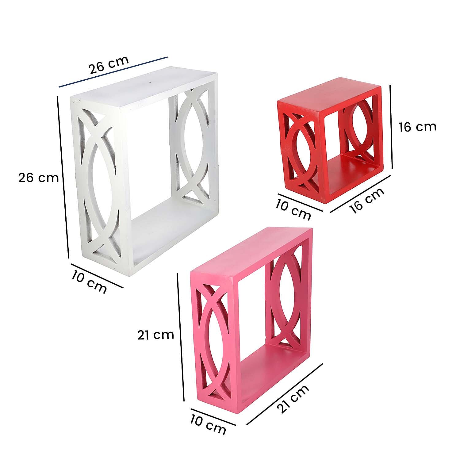 Decorative Set of 3 - Sequential Square Shelves (Size 26x26x10Cm, 21x21x10Cm & 16x16x10Cm) - White, Red & Pink