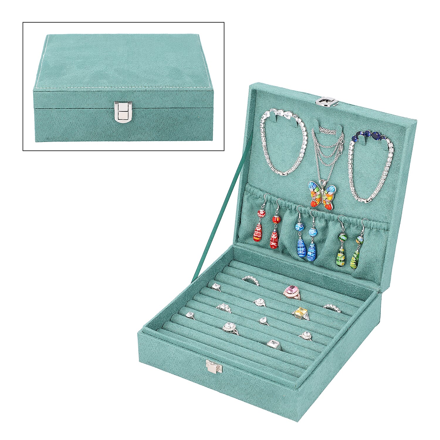 Portable Velvet Jewellery Box with Lock (Size 20x20x7Cm) - Teal
