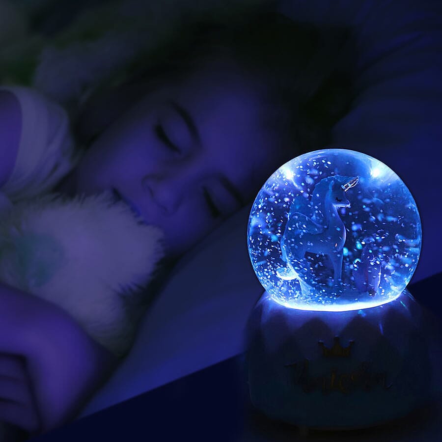 Elegant Unicorn Water Globe with Music and Glitter - Blue