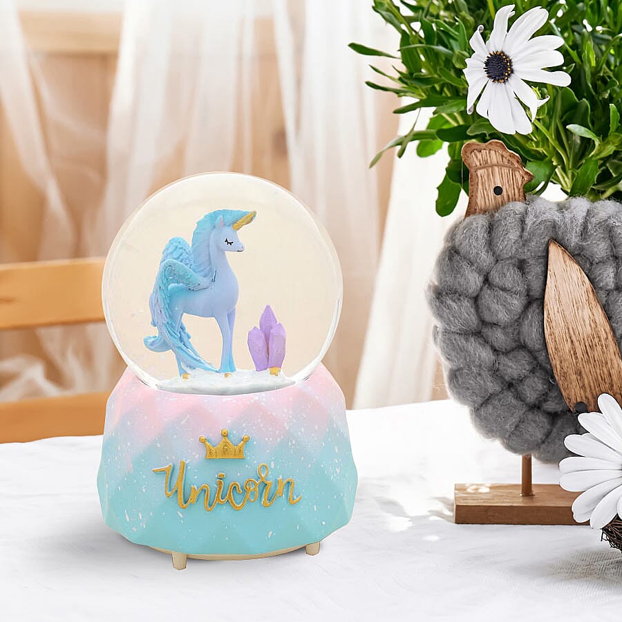 Elegant Unicorn Water Globe with Music and Glitter - Blue