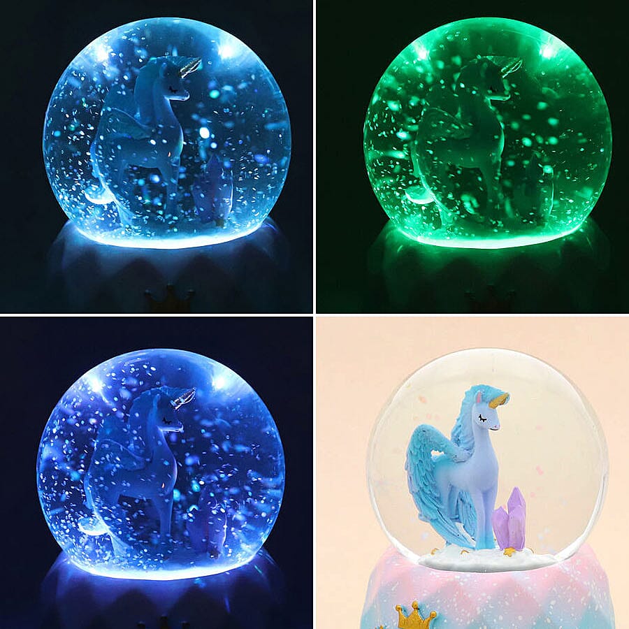 Elegant Unicorn Water Globe with Music and Glitter - Blue