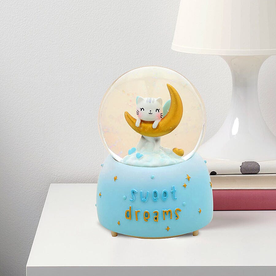 Lovely Cat and Moon Globe with Music and Glitter - (Requires 3xAAA Batteries - Not Inc) (Size -15x10 cm) - White and Blue