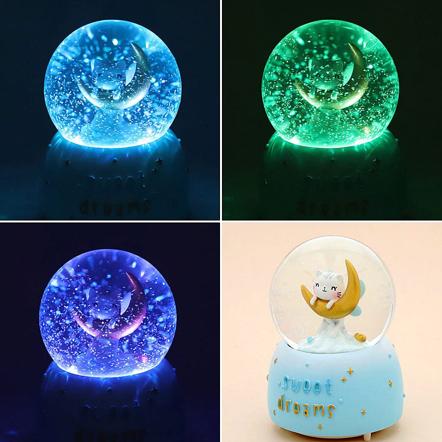 Lovely Cat and Moon Globe with Music and Glitter - (Requires 3xAAA Batteries - Not Inc) (Size -15x10 cm) - White and Blue