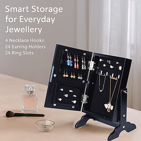 Portable MDF Jewellery Cabinet with Standing Mirror - Black