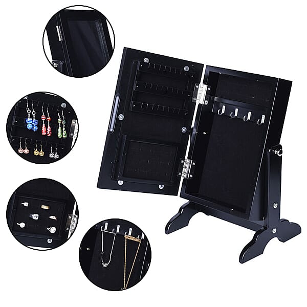 Portable MDF Jewellery Cabinet with Standing Mirror - Black