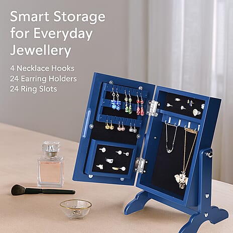 Portable MDF Jewellery Cabinet with Standing Mirror - Dark Blue