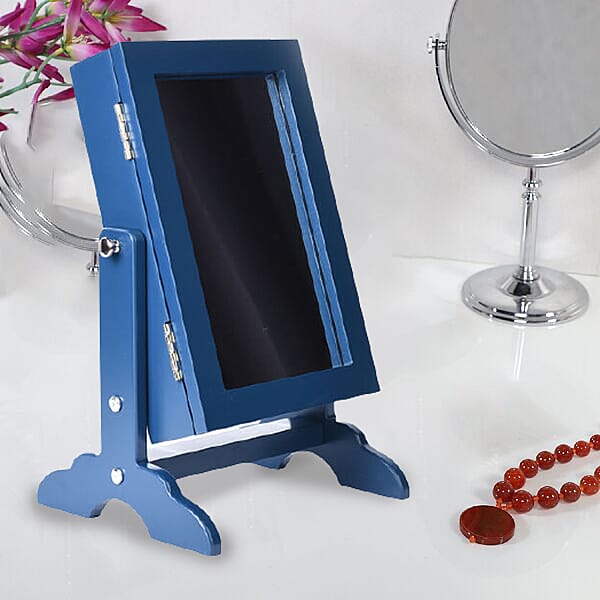 Portable MDF Jewellery Cabinet with Standing Mirror - Dark Blue