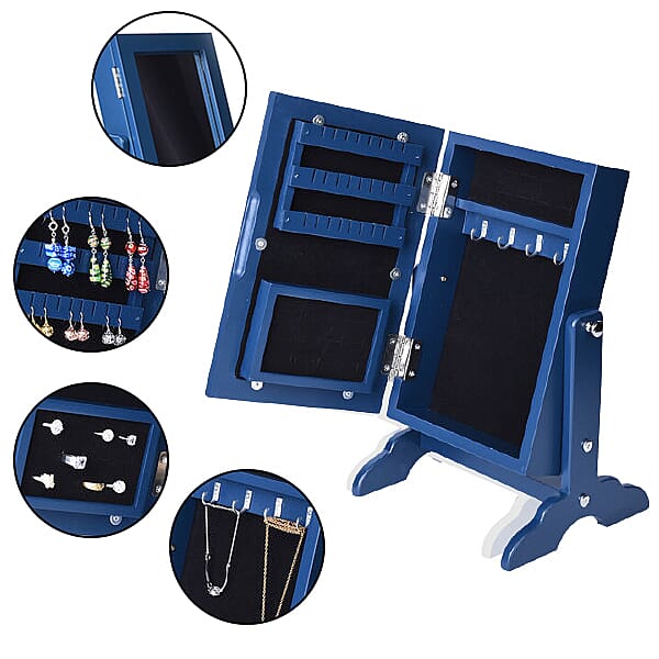 Portable MDF Jewellery Cabinet with Standing Mirror - Dark Blue