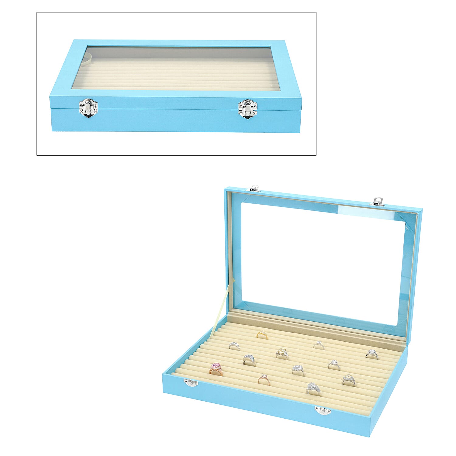 150 Slot Ring Box with Acrylic Window and Anti Tarnish Lining Trinket Jewellery Organiser (Size 35x24x5 Cm) - Sky Blue